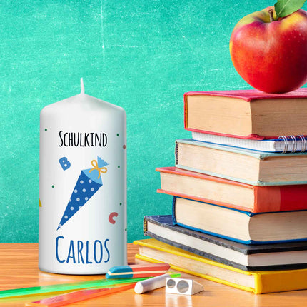 SEO. Kleine Kerze "Schultüte" mit Namen zur Einschulung - Blau Linkreich