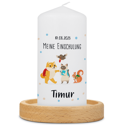 SEO. Kleine Kerze "Tiergruppe" mit Namen & Datum zur Einschulung - Linkreich