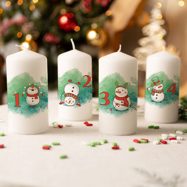 SEO. Kleine Kerzen "Advent Schneemann" - Adventskerzen im 4er Set - Linkreich