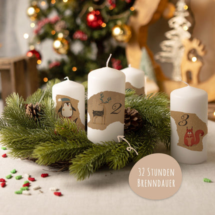 SEO. Kleine Kerzen "Advent Tiere Vintage" - Adventskerzen im 4er Set - Linkreich