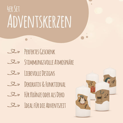 SEO. Kleine Kerzen "Advent Tiere Vintage" - Adventskerzen im 4er Set - Linkreich