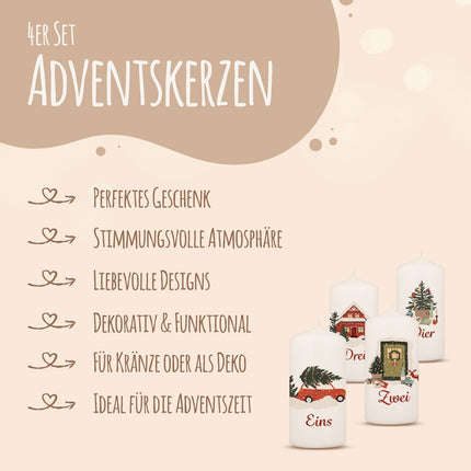 SEO. Kleine Kerzen "Advent Weihnachtsmotive" - Adventskerzen im 4er Set - Linkreich