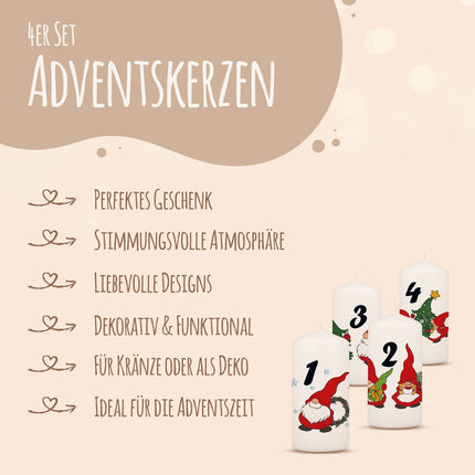 SEO. Kleine Kerzen "Advent Wichtel" - Adventskerzen im 4er Set - Linkreich