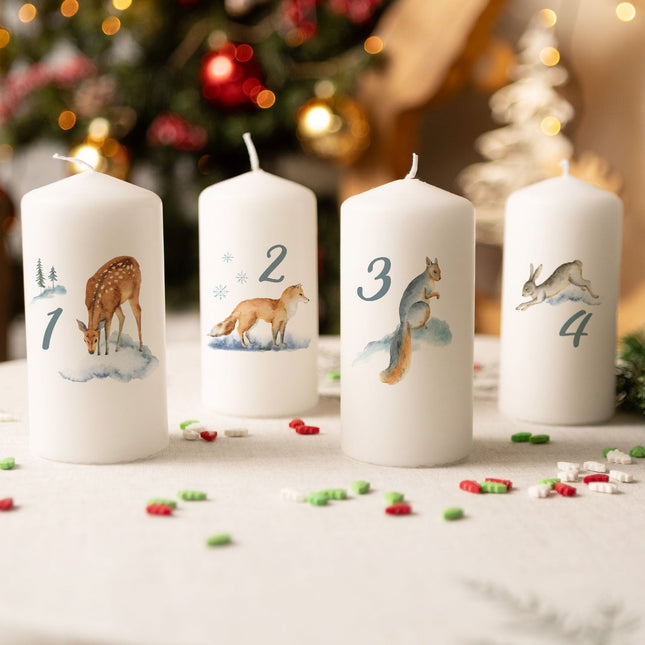 SEO. Kleine Kerzen "Advent Wintertiere Aquarell" - Adventskerzen im 4er Set - Linkreich