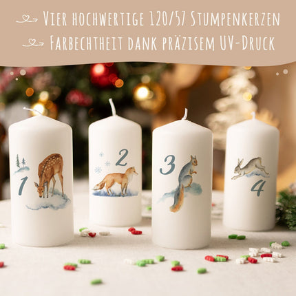 SEO. Kleine Kerzen "Advent Wintertiere Aquarell" - Adventskerzen im 4er Set - Linkreich