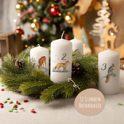 SEO. Kleine Kerzen "Advent Wintertiere Aquarell" - Adventskerzen im 4er Set - Linkreich