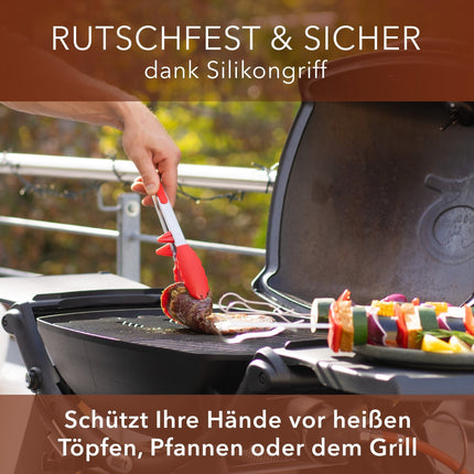 Koch - und Grillzange mit integriertem Standfuß aus Edelstahl & Silikon - 2er Set Rot (Kochzangen) kaufen bei Linkreich – Jetzt entdecken!