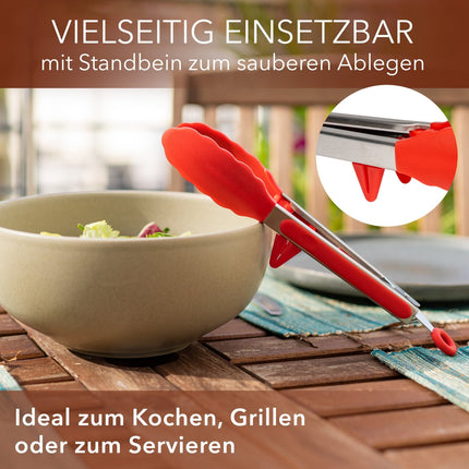 Koch - und Grillzange mit integriertem Standfuß aus Edelstahl & Silikon - 2er Set Rot (Kochzangen) kaufen bei Linkreich – Jetzt entdecken!