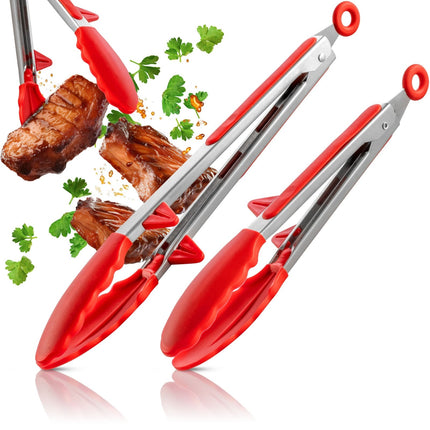 Koch - und Grillzange mit integriertem Standfuß aus Edelstahl & Silikon - 2er Set Rot (Kochzangen) kaufen bei Linkreich – Jetzt entdecken!