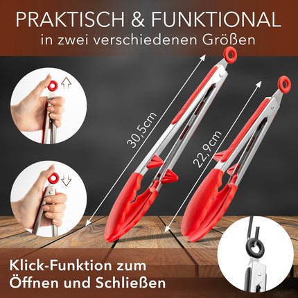 Koch - und Grillzange mit integriertem Standfuß aus Edelstahl & Silikon - 2er Set Rot (Kochzangen) kaufen bei Linkreich – Jetzt entdecken!