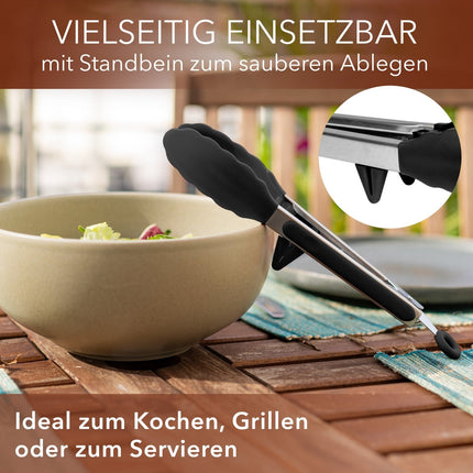 Koch - und Grillzange mit integriertem Standfuß aus Edelstahl & Silikon - 2er Set Schwarz (Kochzangen) kaufen bei Linkreich – Jetzt entdecken!