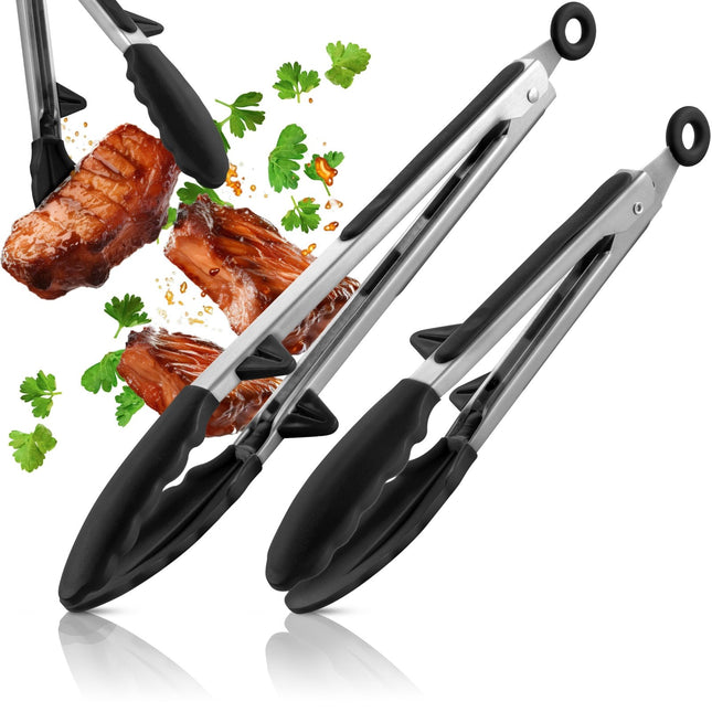 Koch - und Grillzange mit integriertem Standfuß aus Edelstahl & Silikon - 2er Set Schwarz (Kochzangen) kaufen bei Linkreich – Jetzt entdecken!