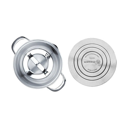 Korkmaz Steama Kochtopf flach 24 x 7 cm 3 l – Edelstahl 18/10, Glasdeckel mit Sieb