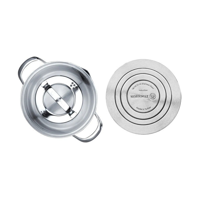 Korkmaz Steama Kochtopf flach 24 x 7 cm 3 l – Edelstahl 18/10, Glasdeckel mit Sieb