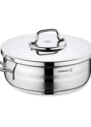 Korkmaz Astra2 Low Casserole 24x8 cm – Edelstahl, flacher Schmortopf mit Deckel - Linkreich