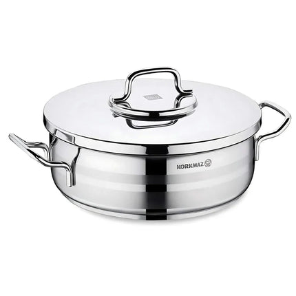 Korkmaz Astra2 Low Casserole 24x8 cm – Edelstahl, flacher Schmortopf mit Deckel - Linkreich