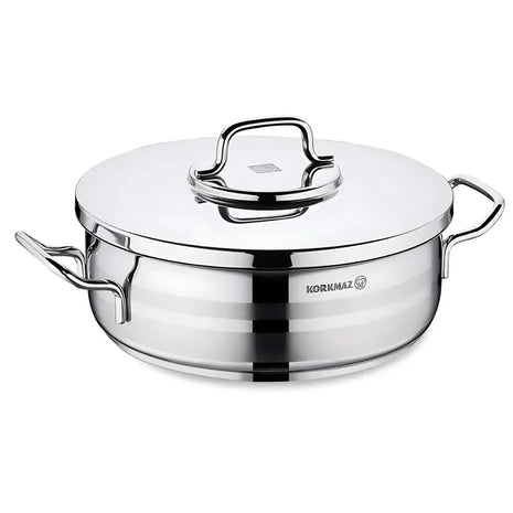 Korkmaz Astra2 Low Casserole 24x8 cm – Edelstahl, flacher Schmortopf mit Deckel - Linkreich