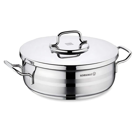 Korkmaz Astra2 Low Casserole 24x8 cm – Edelstahl, flacher Schmortopf mit Deckel (Edelstahltopf) kaufen bei Linkreich – Jetzt entdecken!