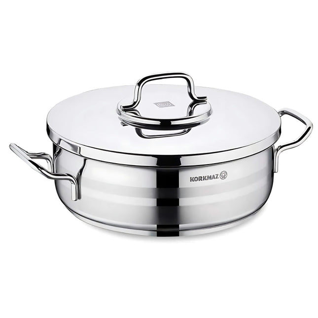 Korkmaz Astra2 Low Casserole 24x8 cm – Edelstahl, flacher Schmortopf mit Deckel (Edelstahltopf) kaufen bei Linkreich – Jetzt entdecken!
