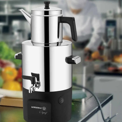Korkmaz Caysef Samowar Inox / Chrome – 5L Wasserkocher & 2L Teekanne, 2000W, Edelstahl