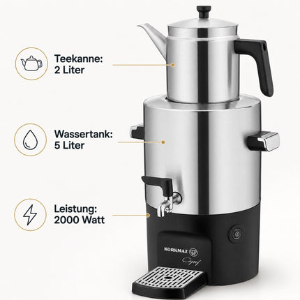 Korkmaz Caysef Samowar Inox / Chrome – 5L Wasserkocher & 2L Teekanne, 2000W, Edelstahl