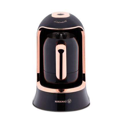 Korkmaz Deluxe Kaffeemaschine, Kupfer-Design mit Edelstahlkanne – 4 Tassen, 400W – jetzt bei Linkreich entdecken.