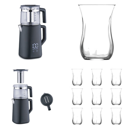 Korkmaz Demmatik Smart Teekocher-Set 1,7 L mit Glaskanne 1,2 L & Lav Klasik Teegläser 6er, Schwarz