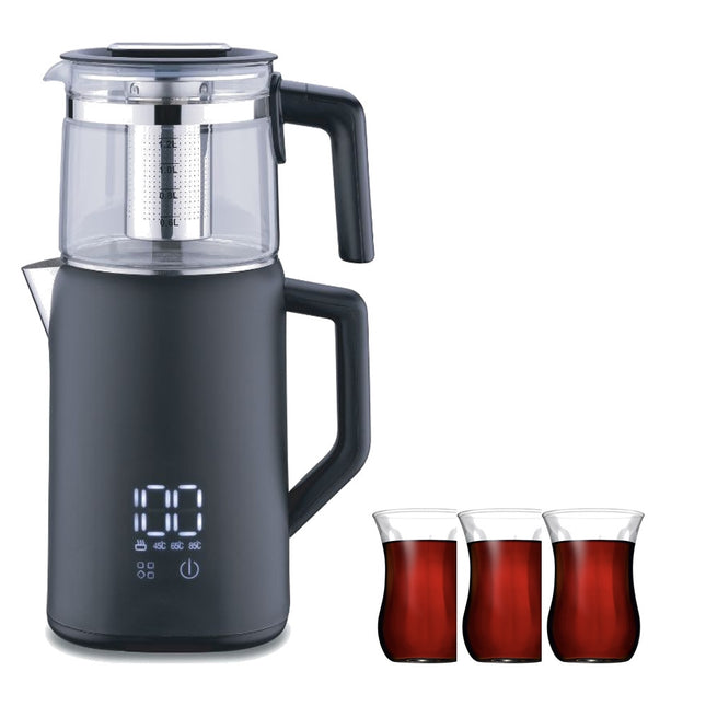 Korkmaz Demmatik Smart Teekocher-Set 1,7 L mit Glaskanne 1,2 L & Paşabahçe Üsküdar Teegläser 6er, Schwarz