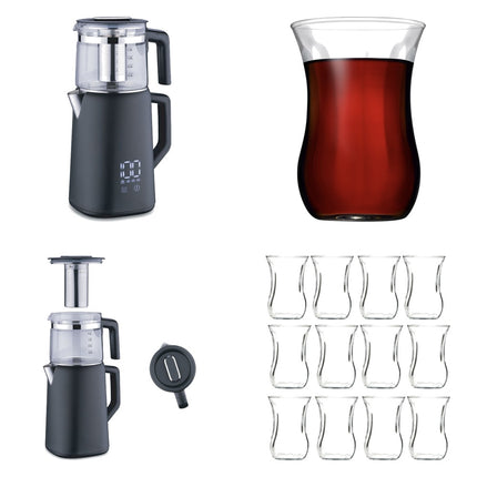 Korkmaz Demmatik Smart Teekocher-Set 1,7 L mit Glaskanne 1,2 L & Paşabahçe Üsküdar Teegläser 6er, Schwarz