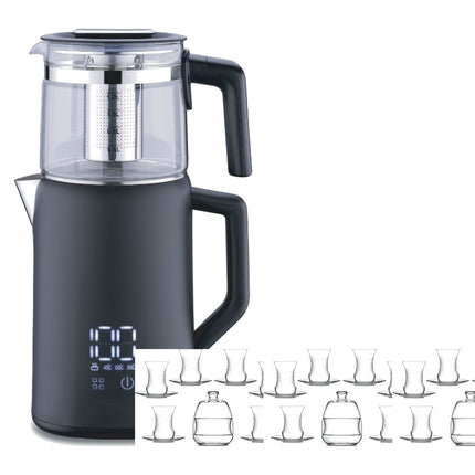 Korkmaz Demmatik Smart Teekocher-Set 1,7 L mit Glaskanne 1,2 L & Lav Inci Teegläser 6er mit Untertellern, Schwarz