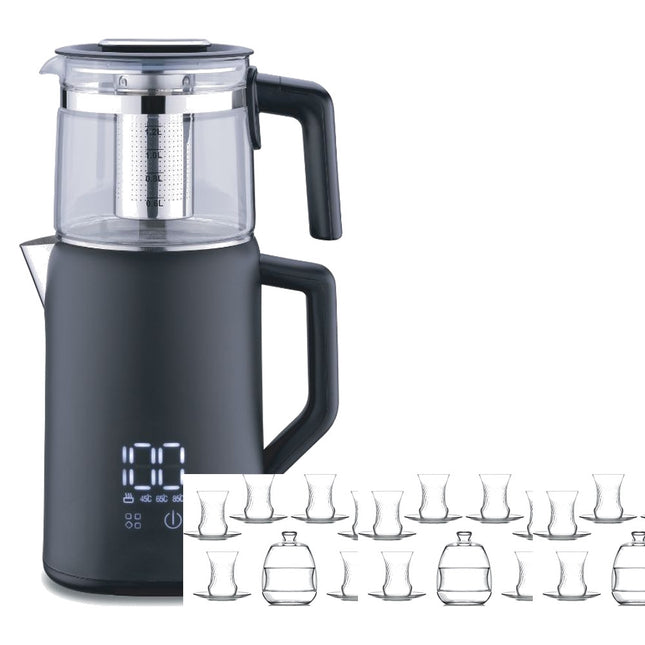 Korkmaz Demmatik Smart Teekocher-Set 1,7 L mit Glaskanne 1,2 L & Lav Inci Teegläser 6er mit Untertellern, Schwarz