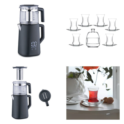 Korkmaz Demmatik Smart Teekocher-Set 1,7 L mit Glaskanne 1,2 L & Lav Inci Teegläser 6er mit Untertellern, Schwarz