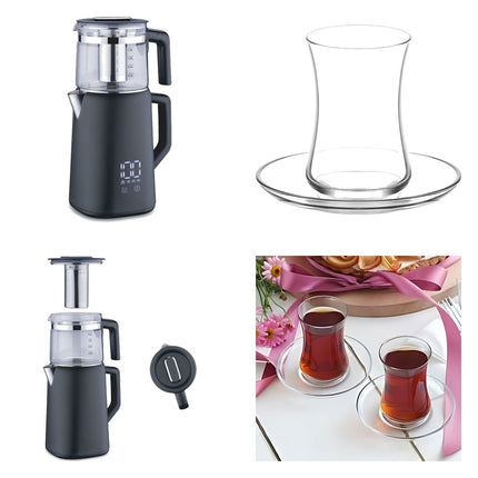 Korkmaz Demmatik Smart Teekocher-Set 1,7 L mit Glaskanne 1,2 L & Lav Duru Teegläser 6er mit Untertellern, Schwarz