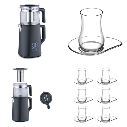 Korkmaz Demmatik Smart Teekocher-Set 1,7 L mit Glaskanne 1,2 L & Lav Eva Teegläser 6er mit Untertellern, Schwarz