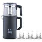 Korkmaz Demmatik Smart Teekocher-Set 1,7 L mit Glaskanne 1,2 L & Lav Odin Teegläser 6er mit Untertellern, Schwarz