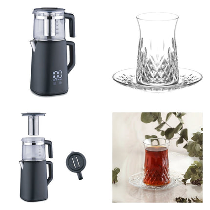 Korkmaz Demmatik Smart Teekocher-Set 1,7 L mit Glaskanne 1,2 L & Lav Odin Teegläser 6er mit Untertellern, Schwarz