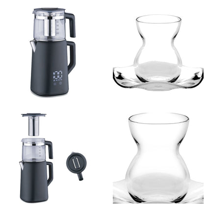 Korkmaz Demmatik Smart Teekocher-Set 1,7 L mit Glaskanne 1,2 L & Paşabahçe Dantel Teegläser 6er mit Untertellern, Schwar