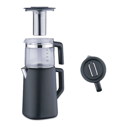 Korkmaz Demmatik Smart Teekocher-Set 1,7 L mit Glaskanne 1,2 L & Paşabahçe Dantel Teegläser 6er mit Untertellern, Schwar