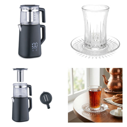 Korkmaz Demmatik Smart Teekocher-Set 1,7 L mit Glaskanne 1,2 L & Weissberg Home Klassik gerippt Teegläser 6er mit Untert