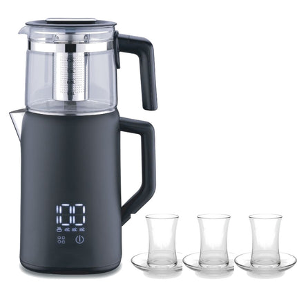 Korkmaz Demmatik Smart Teekocher-Set 1,7 L mit Glaskanne 1,2 L & Weissberg Home Klassik glatt Teegläser 6er mit Untertel