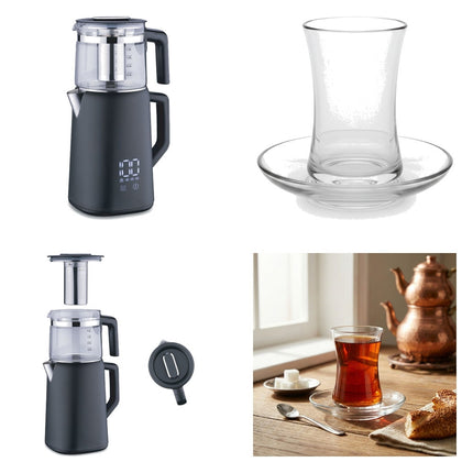 Korkmaz Demmatik Smart Teekocher-Set 1,7 L mit Glaskanne 1,2 L & Weissberg Home Klassik glatt Teegläser 6er mit Untertel