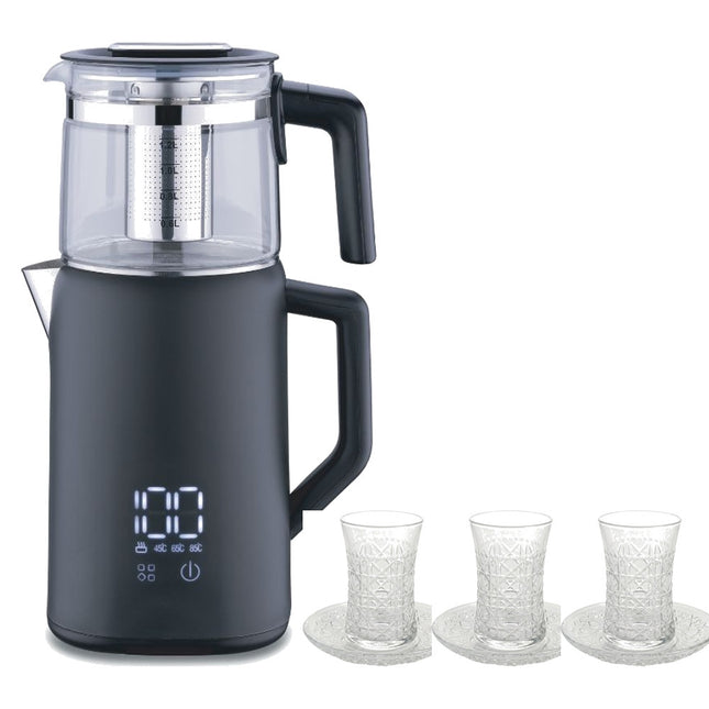 Korkmaz Demmatik Smart Teekocher-Set 1,7 L mit Glaskanne 1,2 L & Weissberg Home Klassik Kristall Teegläser 6er mit Unter