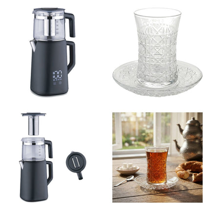 Korkmaz Demmatik Smart Teekocher-Set 1,7 L mit Glaskanne 1,2 L & Weissberg Home Klassik Kristall Teegläser 6er mit Unter