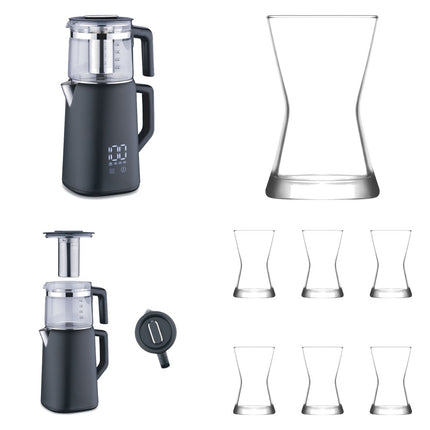 Korkmaz Demmatik Smart Teekocher-Set 1,7 L mit Glaskanne 1,2 L & Lav Derin Teegläser 6er, Schwarz