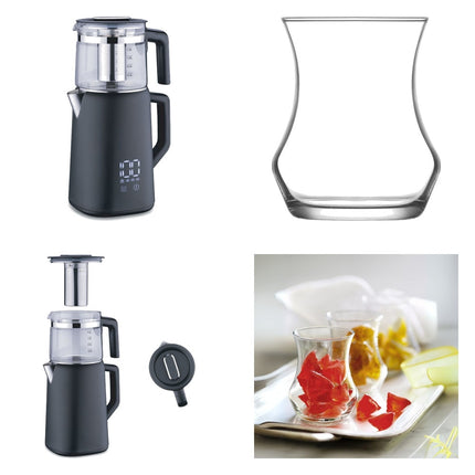 Korkmaz Demmatik Smart Teekocher-Set 1,7 L mit Glaskanne 1,2 L & Lav Eda Teegläser 6er, Schwarz