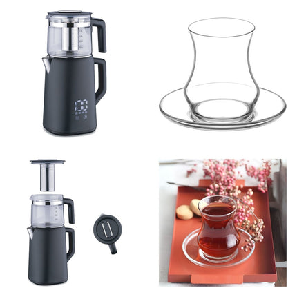 Korkmaz Demmatik Smart Teekocher-Set 1,7 L mit Glaskanne 1,2 L & Lav Eda Teegläser 6er mit Untertellern, Schwarz
