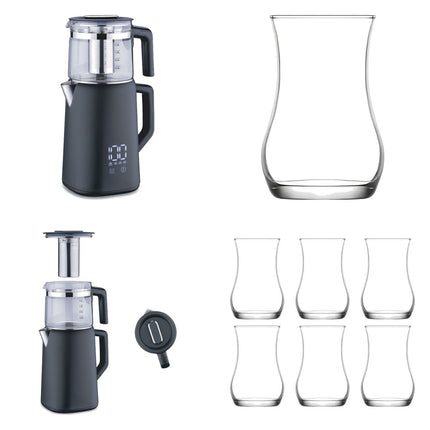 Korkmaz Demmatik Smart Teekocher-Set 1,7 L mit Glaskanne 1,2 L & Lav Eva Teegläser 6er, Schwarz