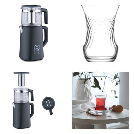 Korkmaz Demmatik Smart Teekocher-Set 1,7 L mit Glaskanne 1,2 L & Lav Inci Teegläser 6er, Schwarz
