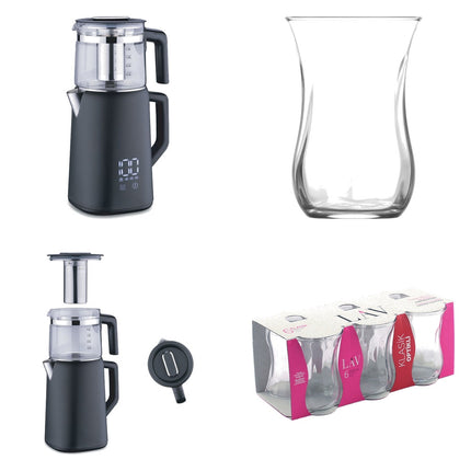 Korkmaz Demmatik Smart Teekocher-Set 1,7 L mit Glaskanne 1,2 L & Lav Klasik Teegläser 6er, Schwarz
