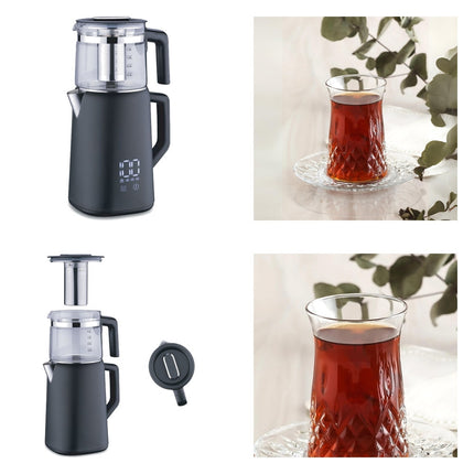 Korkmaz Demmatik Smart Teekocher-Set 1,7 L mit Glaskanne 1,2 L & Lav Odin Teegläser 6er, Schwarz